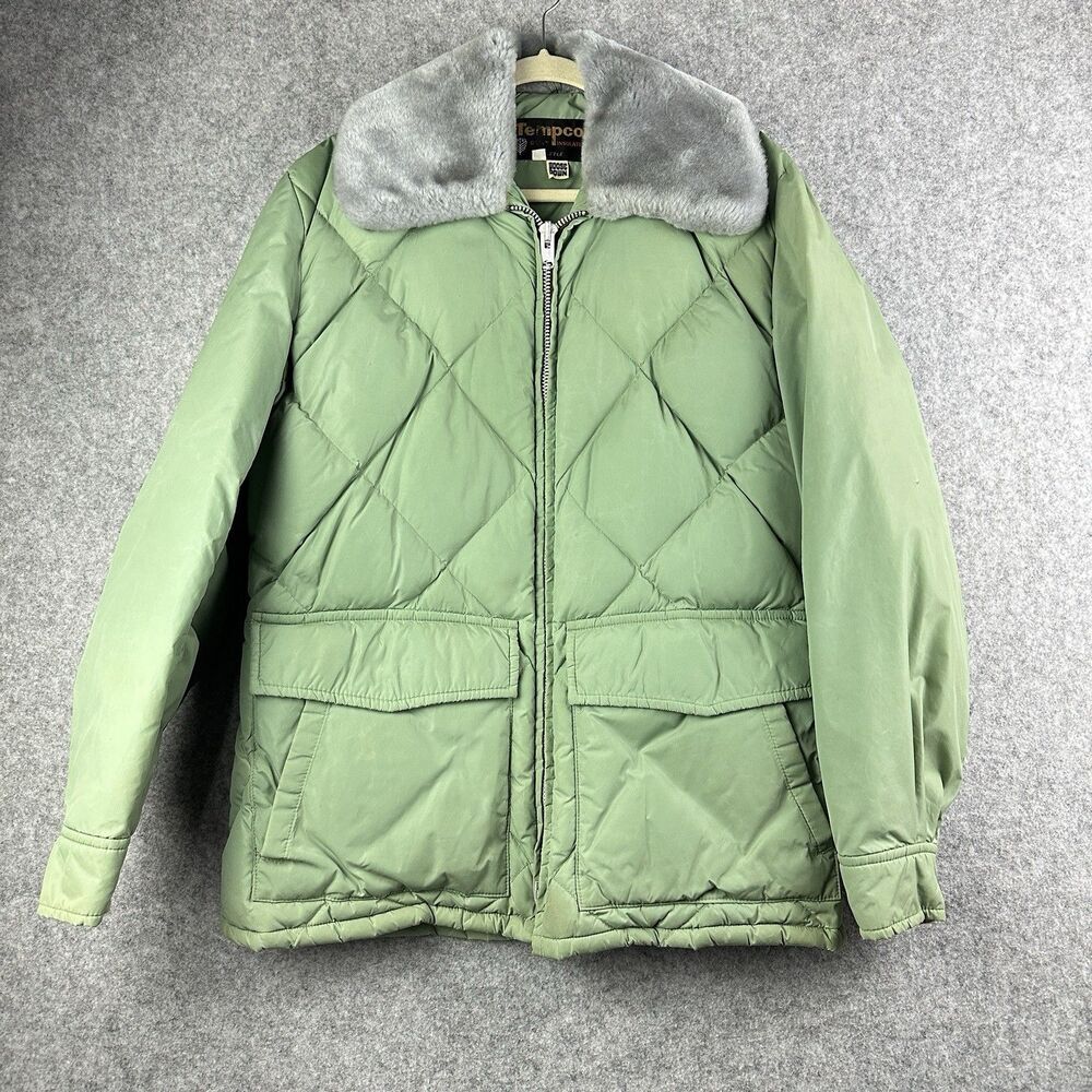 VTG Tempco Goose Down Jacket Mens 44 Green Fur Collar Quilted Talon Zip READ*